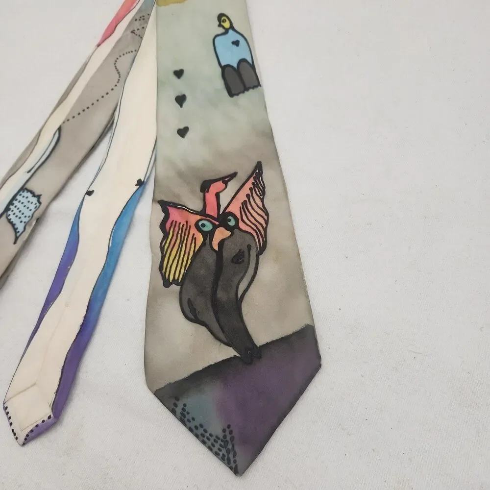 Tie Meier Seide Silk Hand Painted Artist Signed German VTG Phoenix Birds Owl